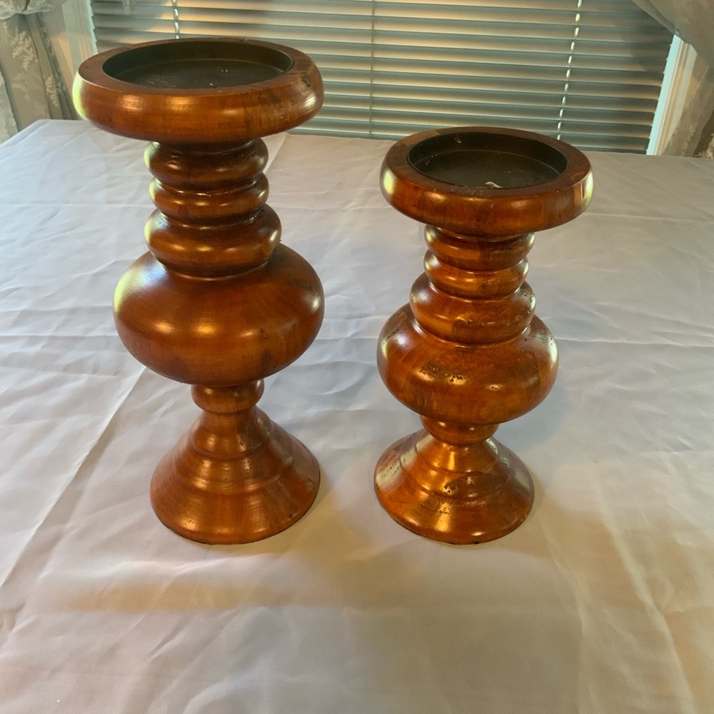 Elegant Brown Wooden pillar Candle Holders set of two